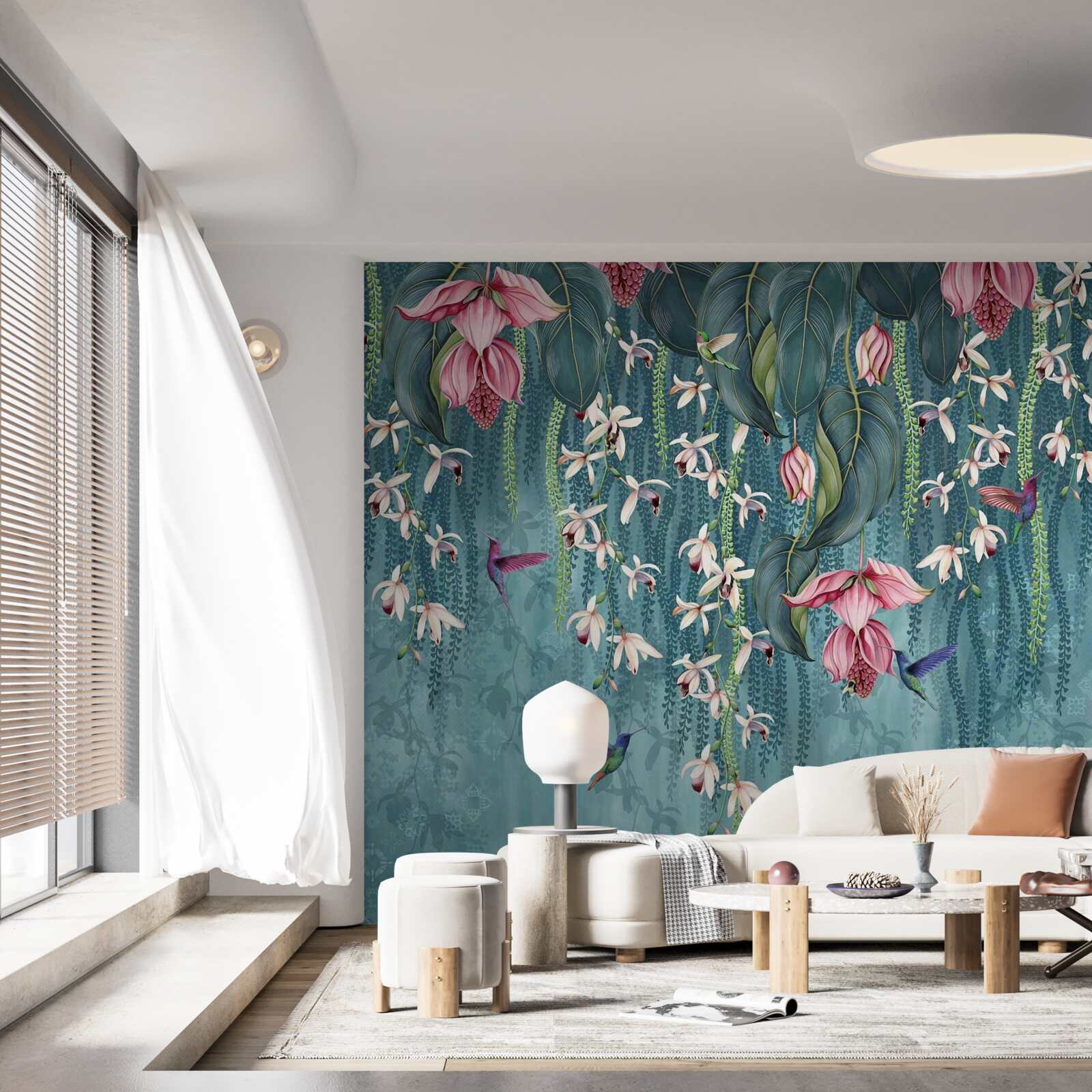 Fototapeta kwiaty i zielone gałęzie zwisające z góry oraz kolibry