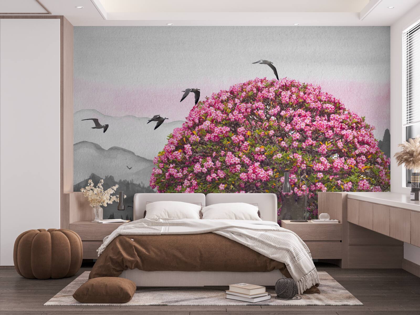 Fototapeta ptaki latają nad kwitnącym drzewem