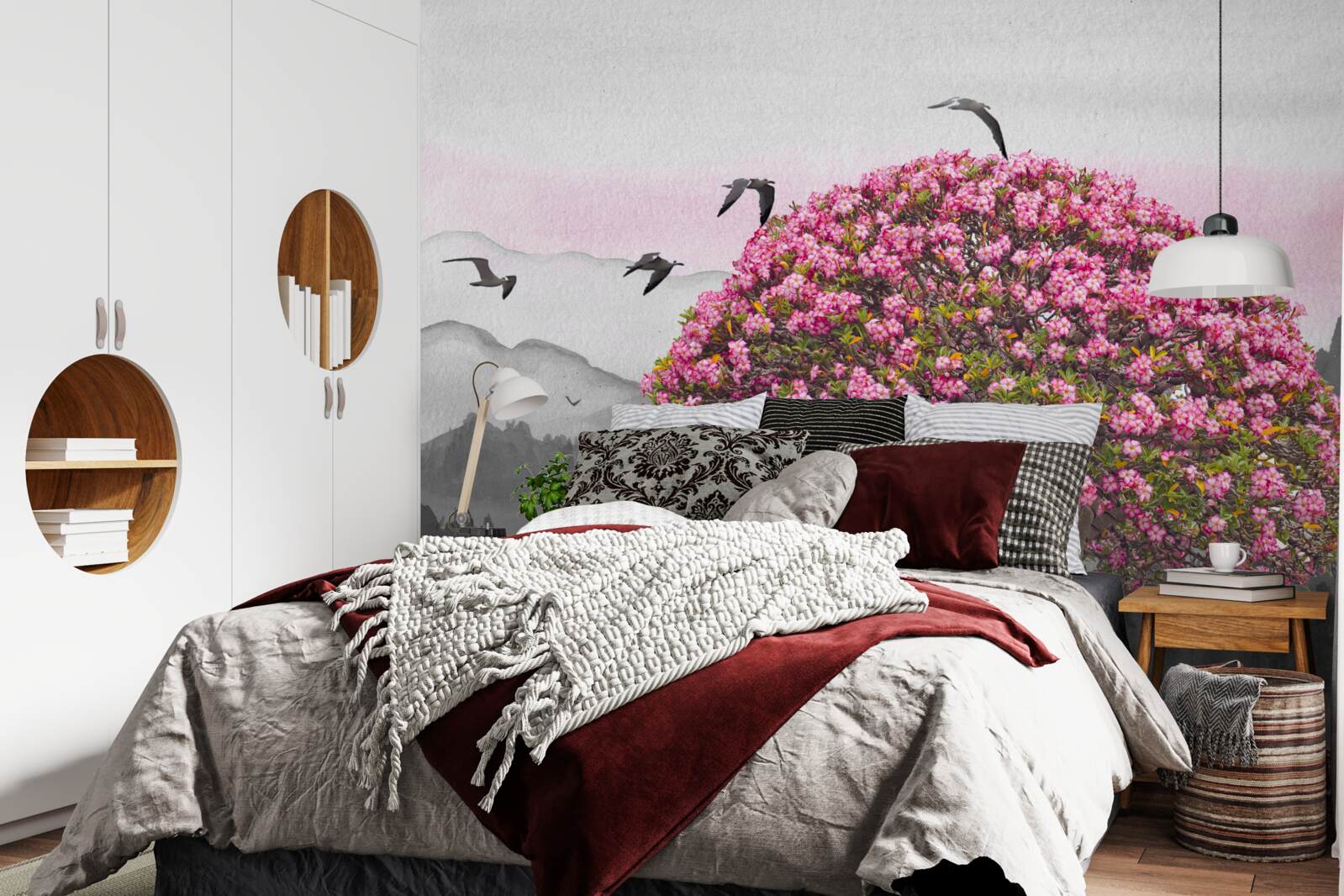 Fototapeta ptaki latają nad kwitnącym drzewem