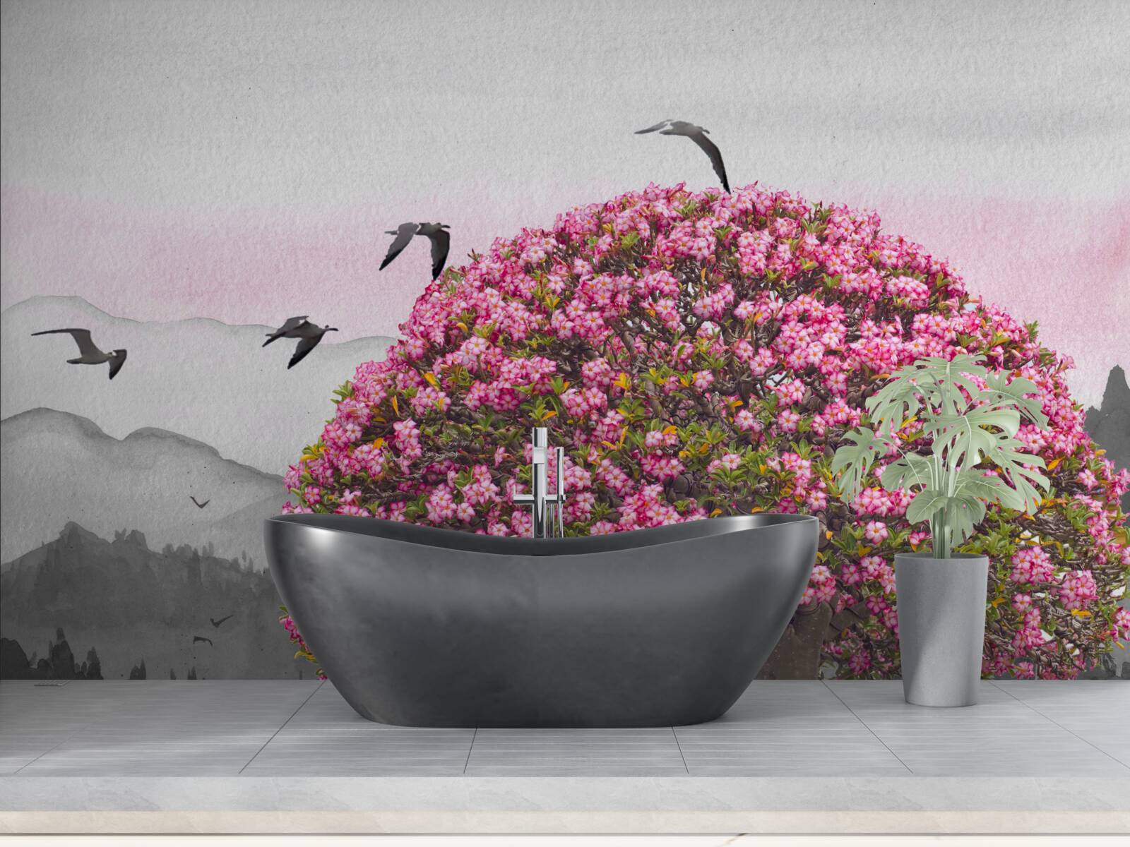 Fototapeta ptaki latają nad kwitnącym drzewem