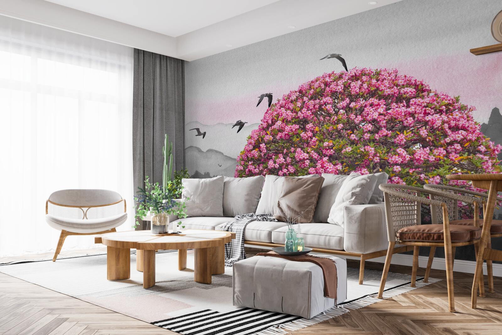 Fototapeta ptaki latają nad kwitnącym drzewem