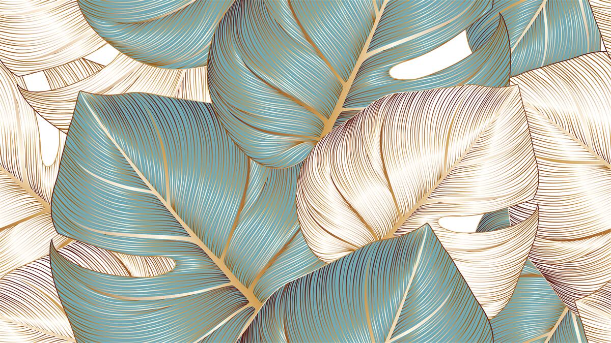 Fototapeta duże liście w kolorach zielonym i złotym