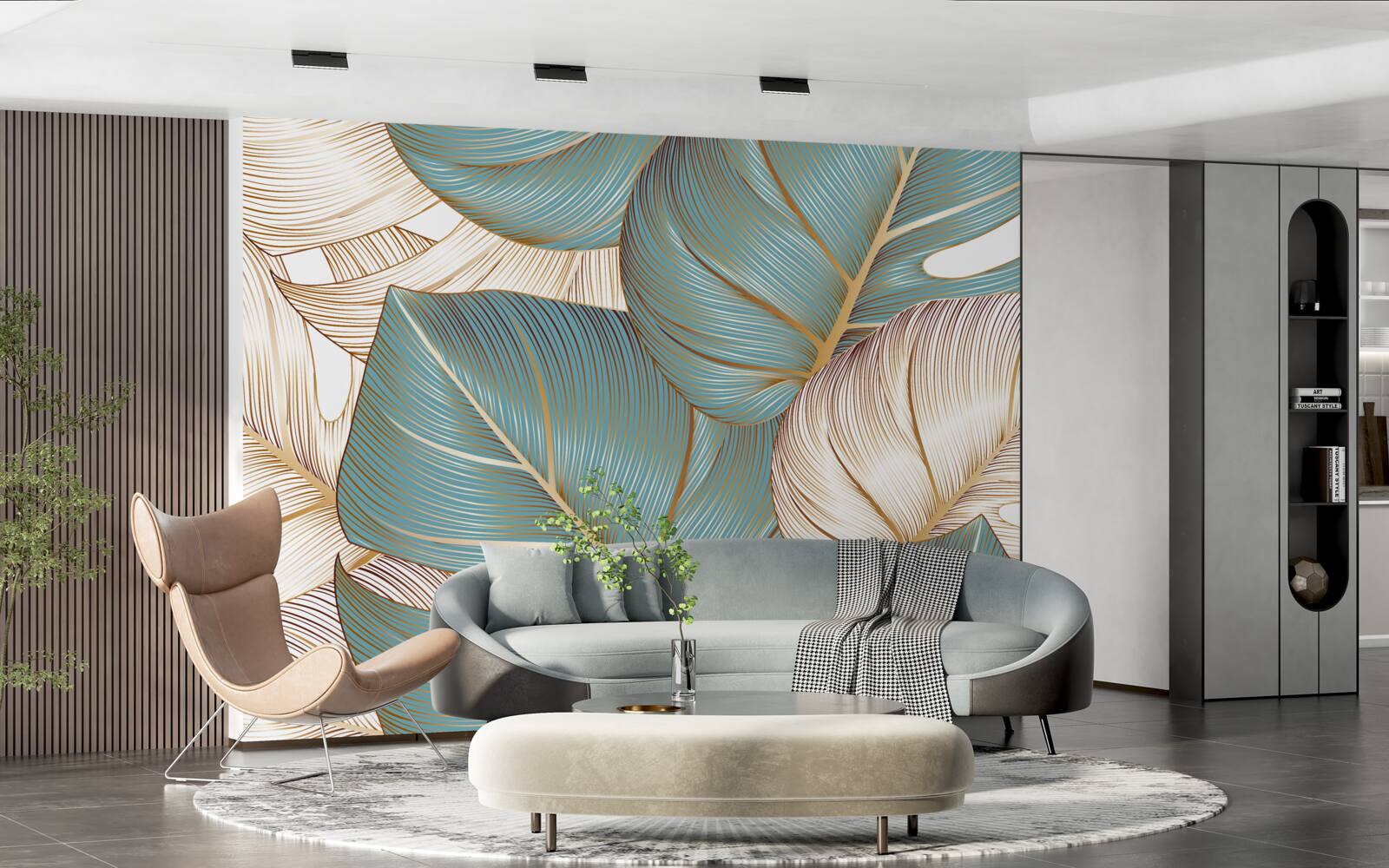 Fototapeta duże liście w kolorach zielonym i złotym