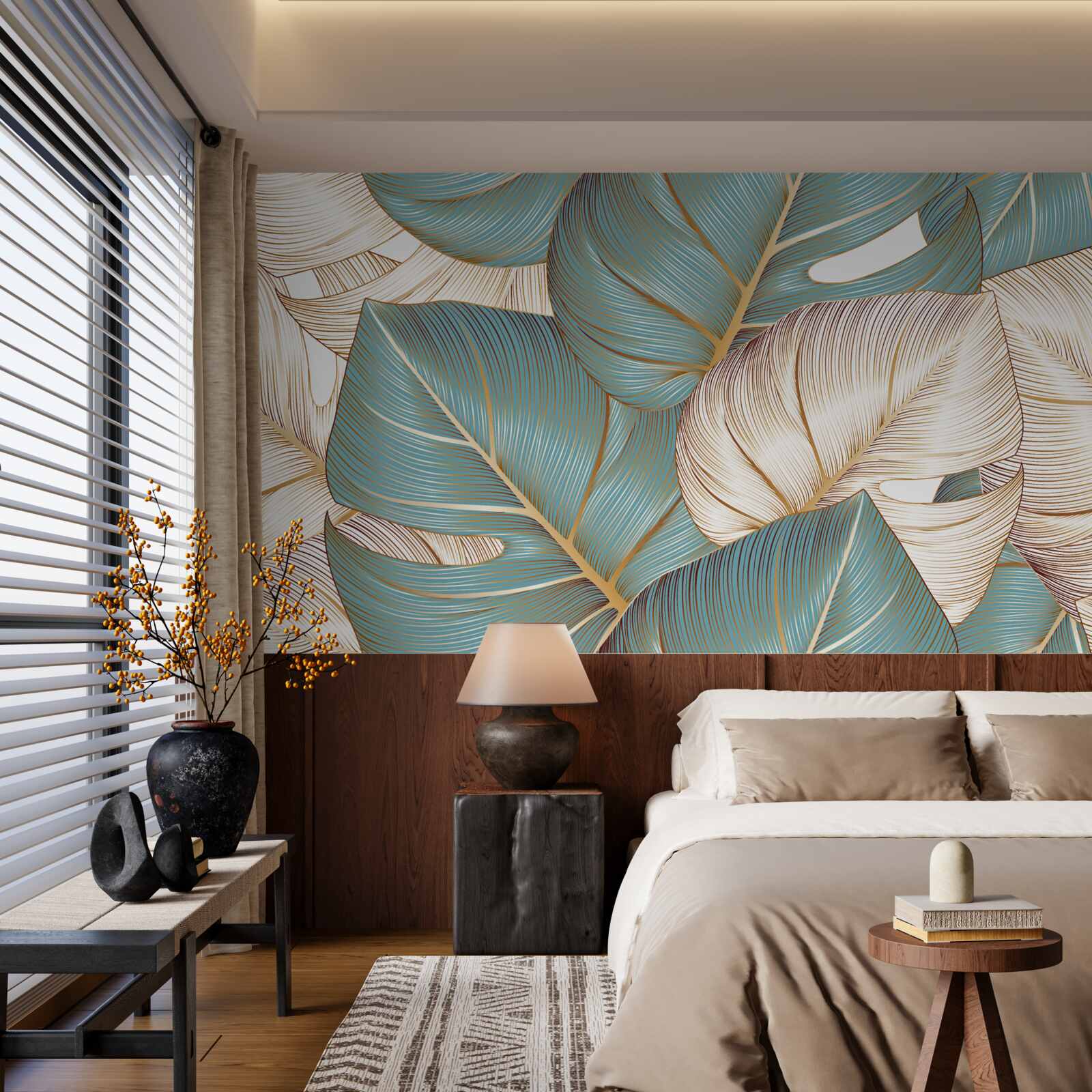 Fototapeta duże liście w kolorach zielonym i złotym