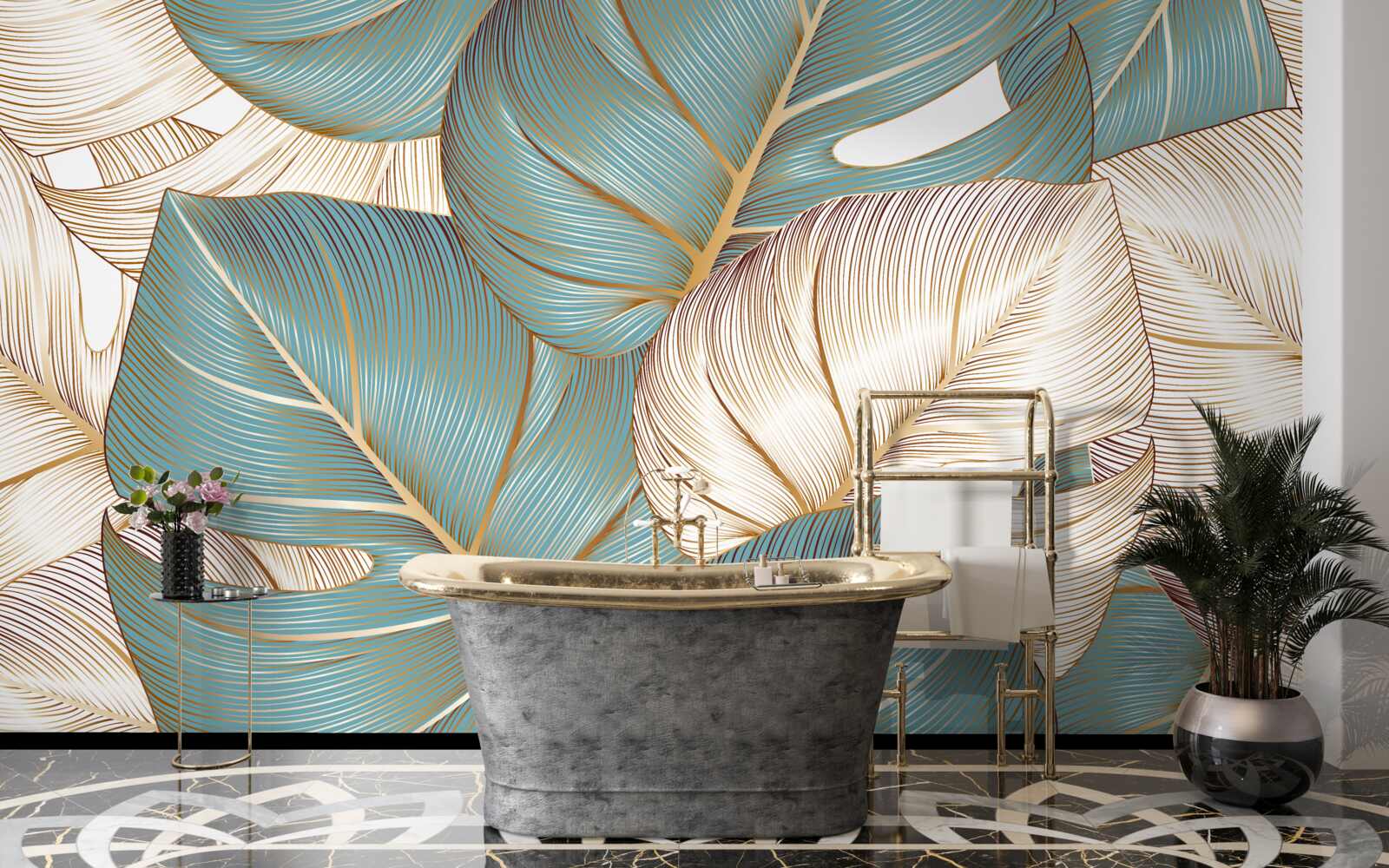 Fototapeta duże liście w kolorach zielonym i złotym