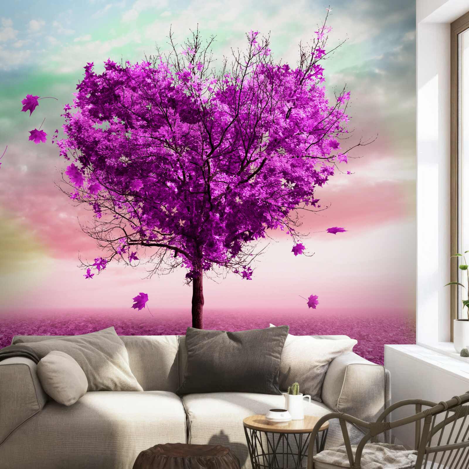 Fototapeta drzewo z fioletowymi opadającymi liśćmi
