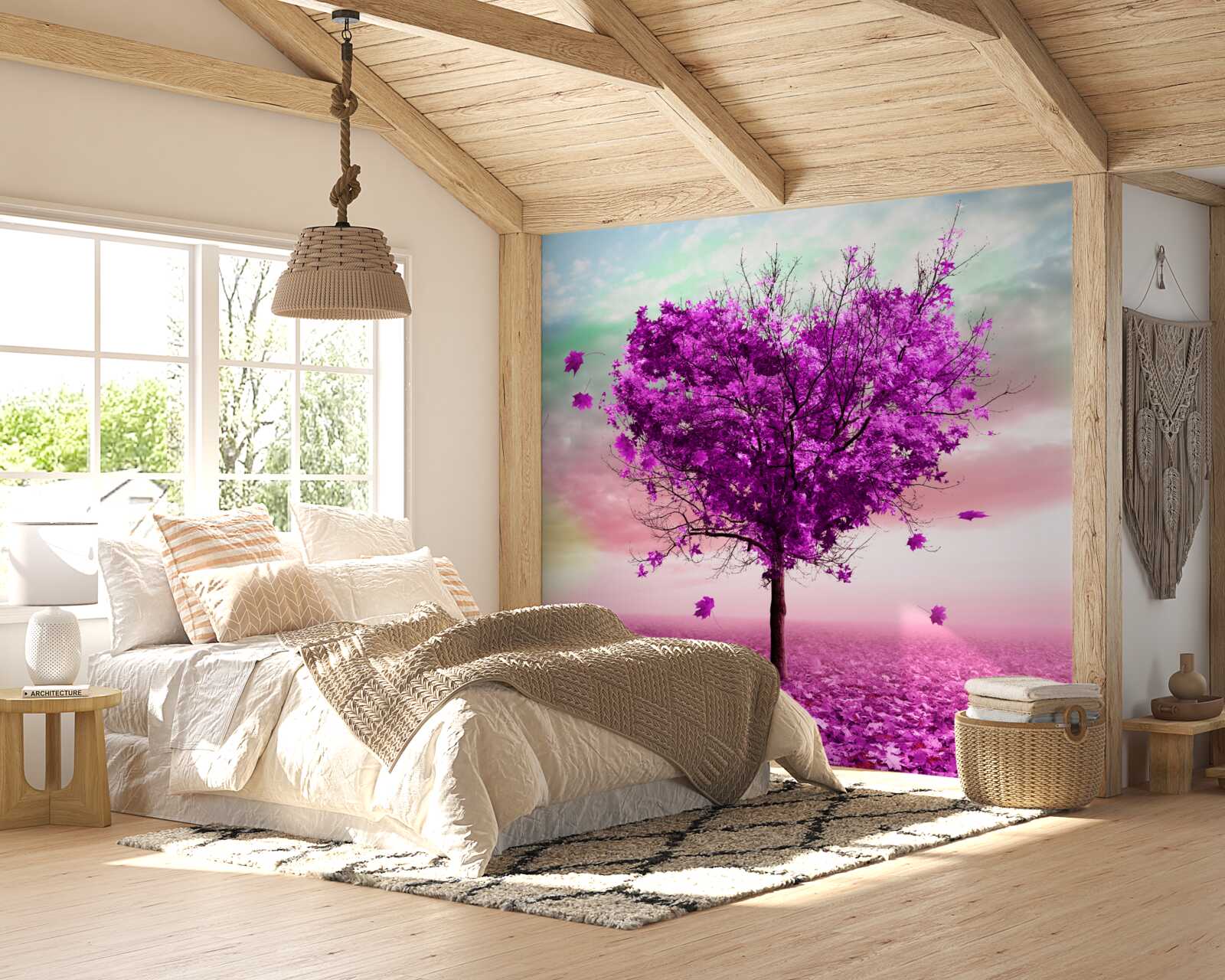 Fototapeta drzewo z fioletowymi opadającymi liśćmi