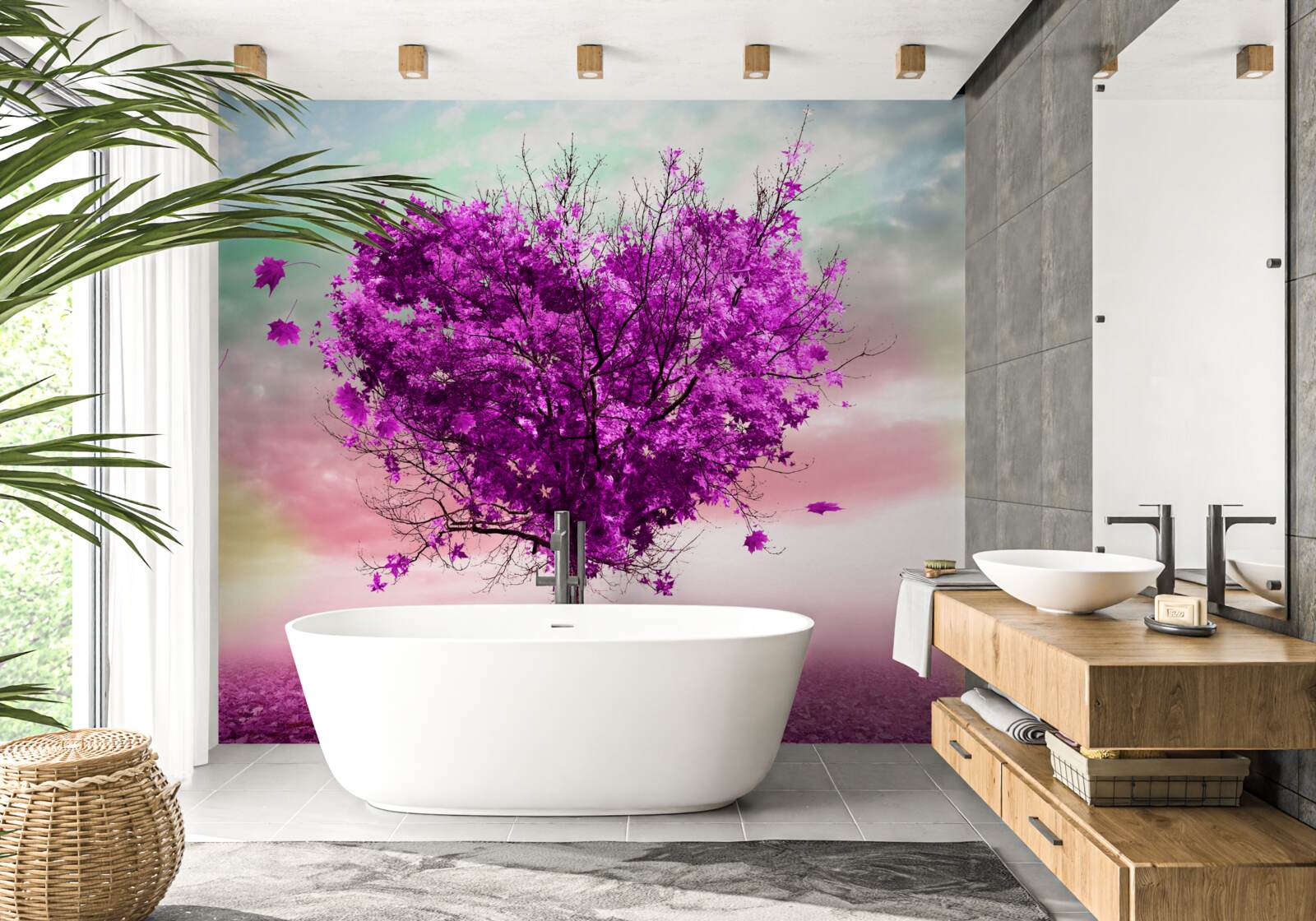 Fototapeta drzewo z fioletowymi opadającymi liśćmi