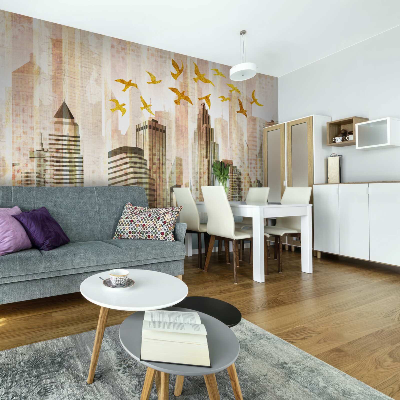 Fototapeta wieżowce, nad którymi przelatują ptaki