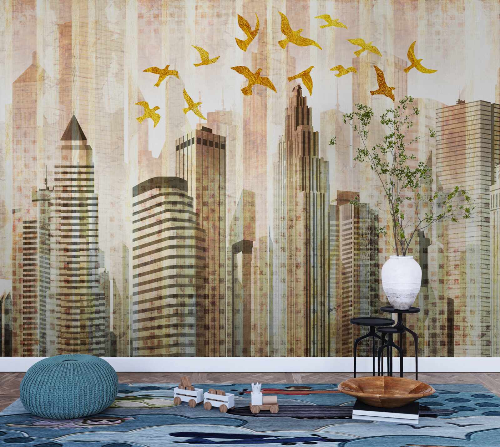 Fototapeta wieżowce, nad którymi przelatują ptaki