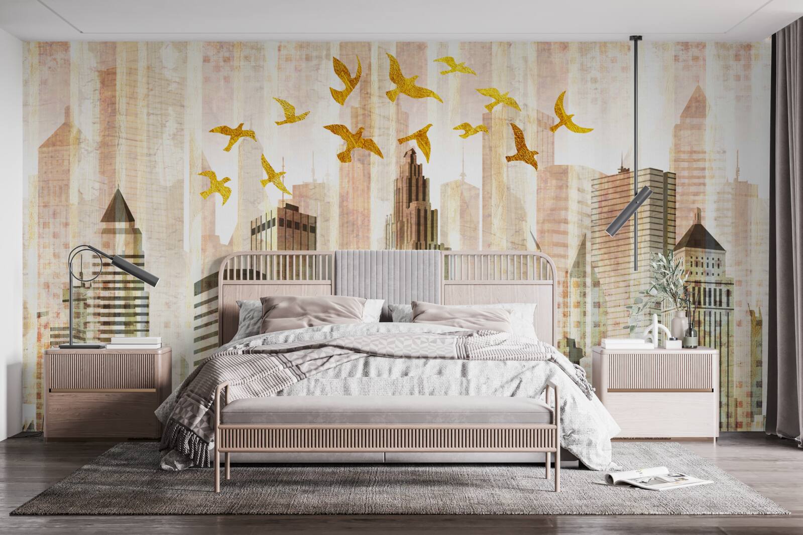 Fototapeta wieżowce, nad którymi przelatują ptaki