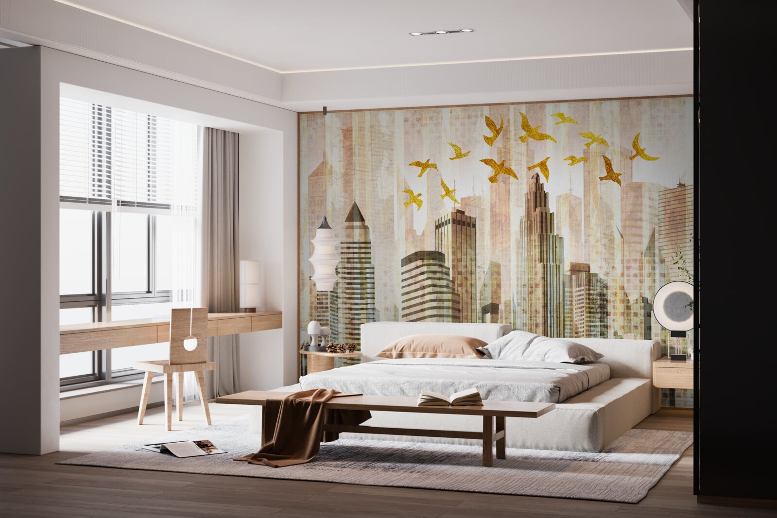 Fototapeta wieżowce, nad którymi przelatują ptaki