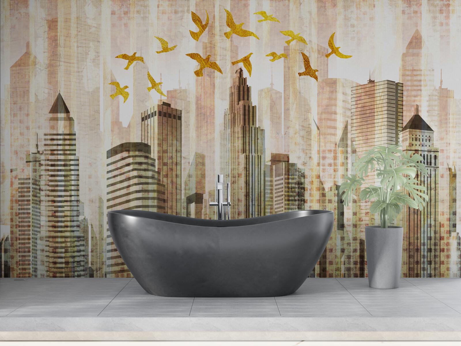Fototapeta wieżowce, nad którymi przelatują ptaki