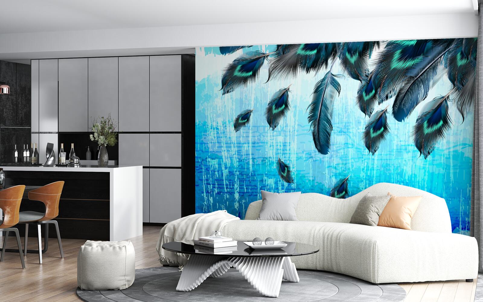 Fototapeta pawie pióra na niebieskim tle