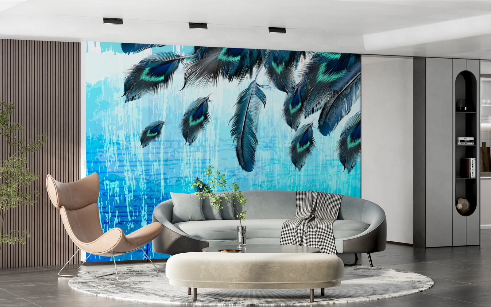 Fototapeta pawie pióra na niebieskim tle