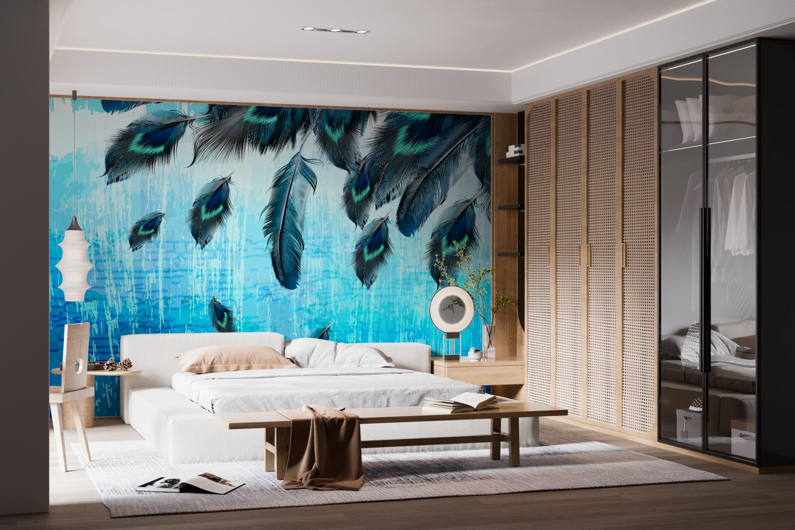 Fototapeta pawie pióra na niebieskim tle