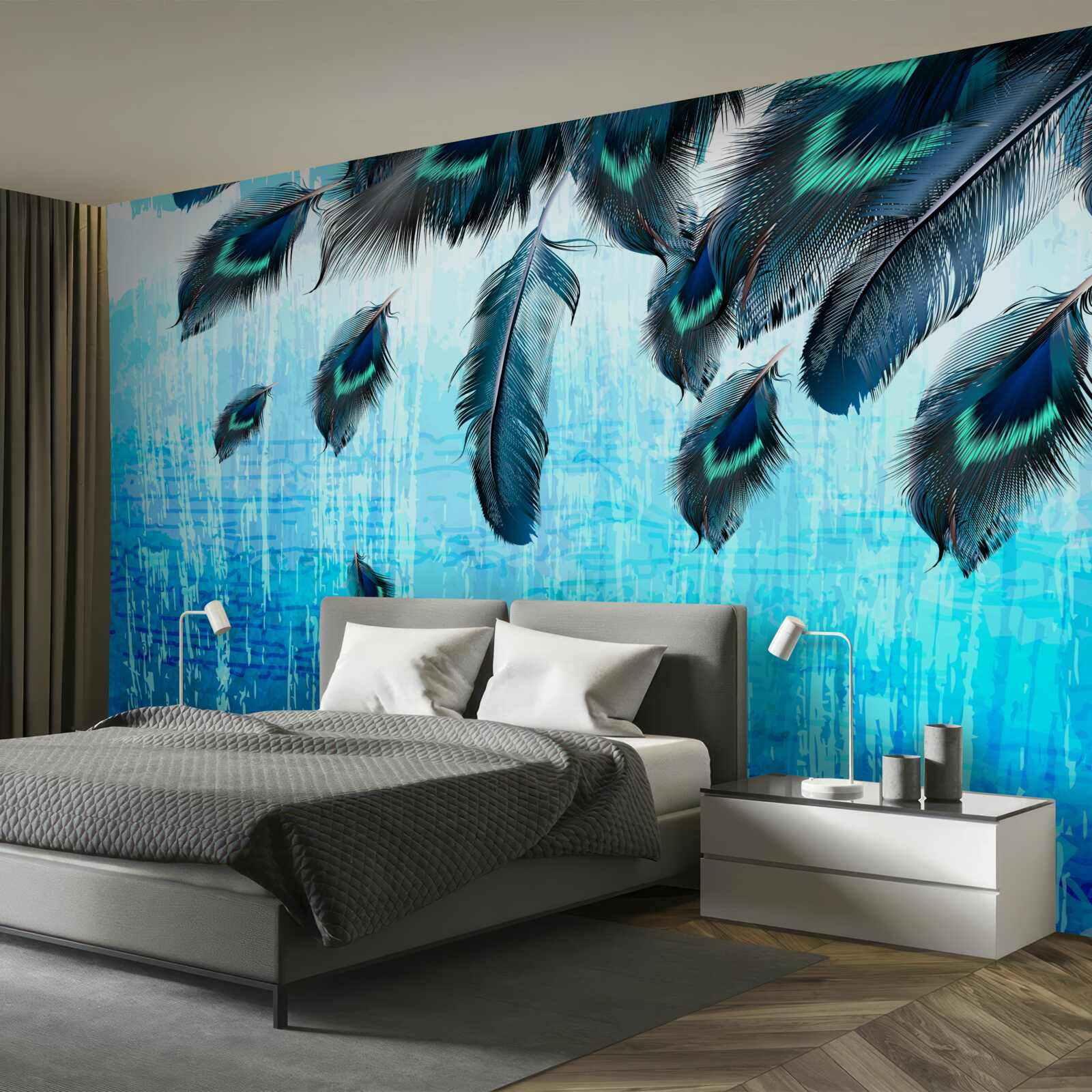 Fototapeta pawie pióra na niebieskim tle