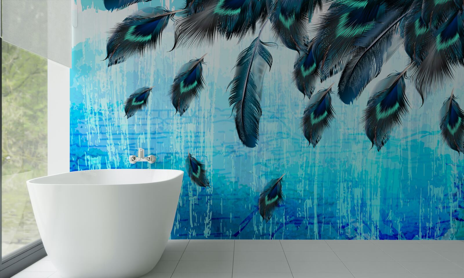 Fototapeta pawie pióra na niebieskim tle