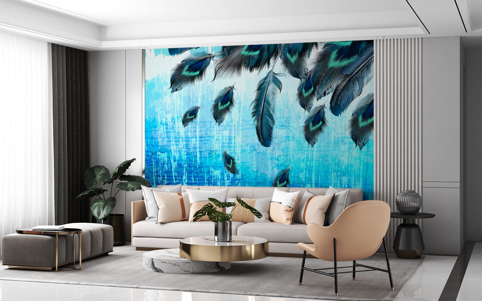 Fototapeta pawie pióra na niebieskim tle