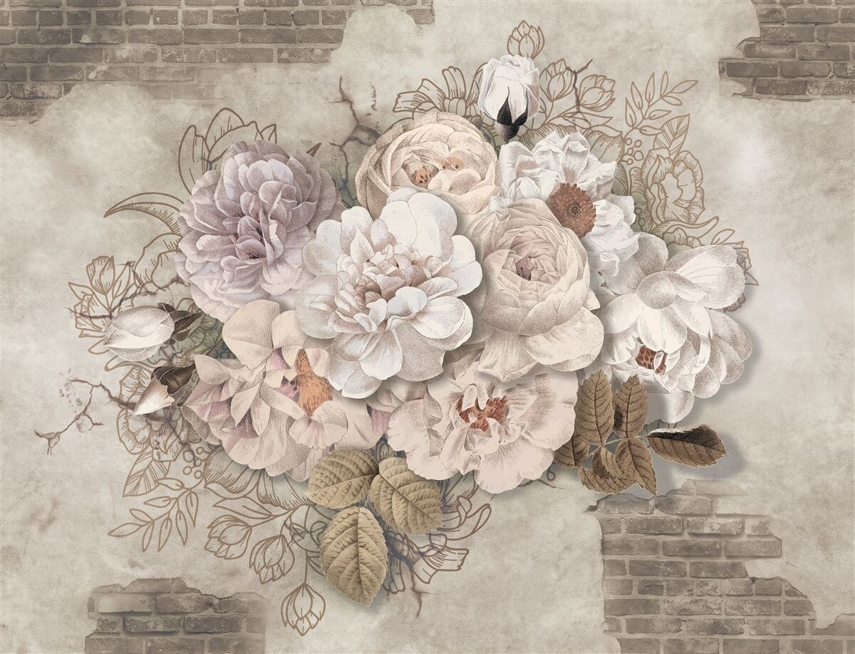 Fototapeta wspaniałe duże róże na ścianie z cegły