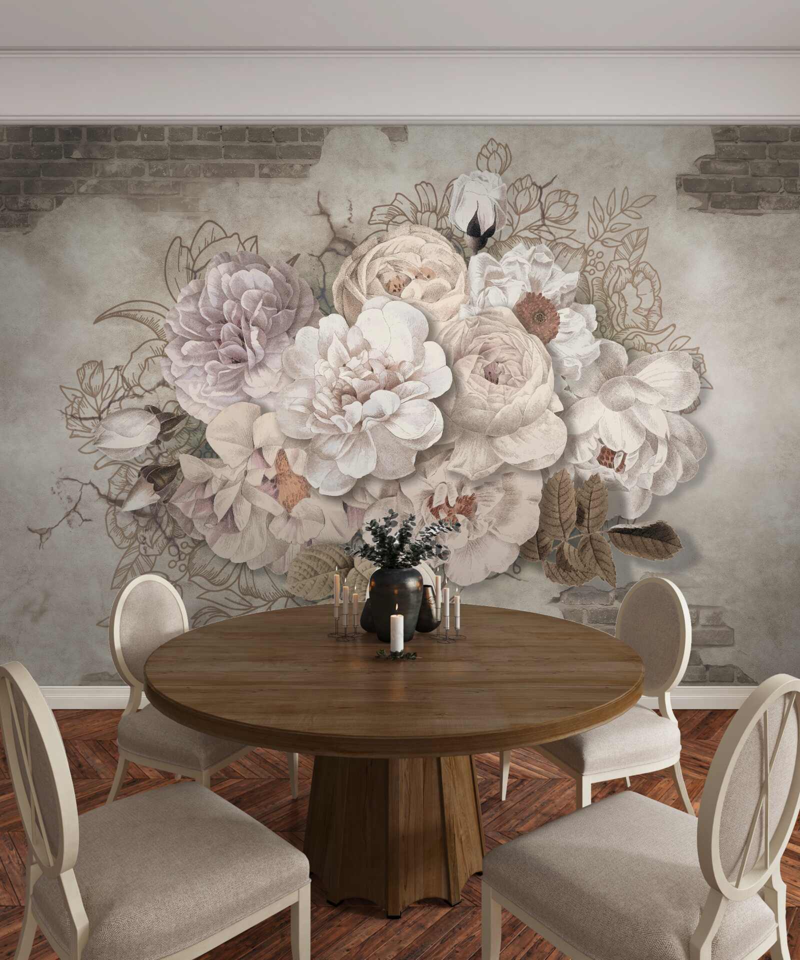 Fototapeta wspaniałe duże róże na ścianie z cegły