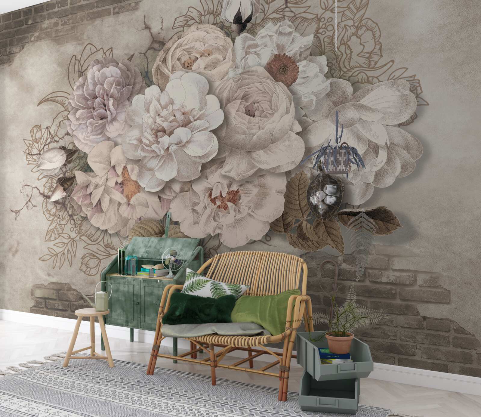 Fototapeta wspaniałe duże róże na ścianie z cegły