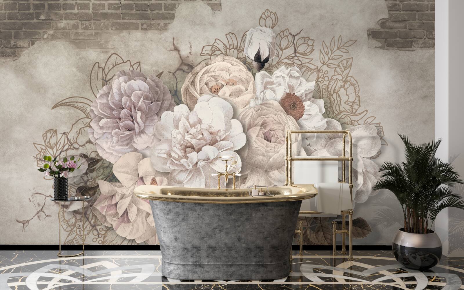 Fototapeta wspaniałe duże róże na ścianie z cegły