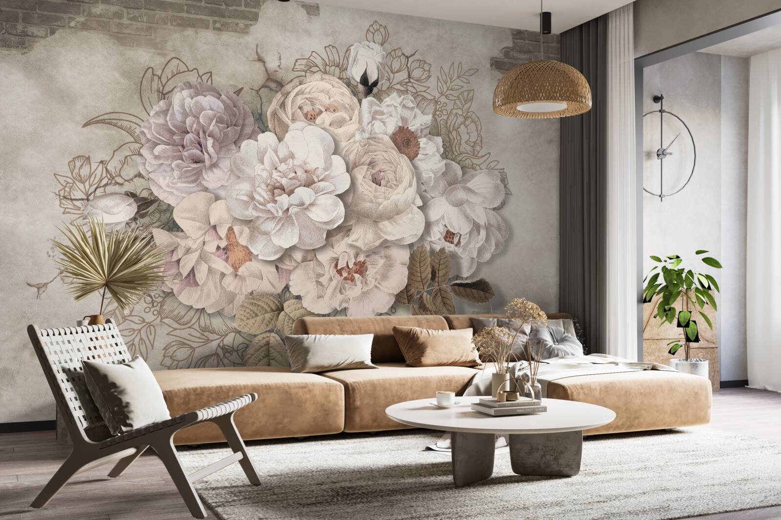 Fototapeta wspaniałe duże róże na ścianie z cegły