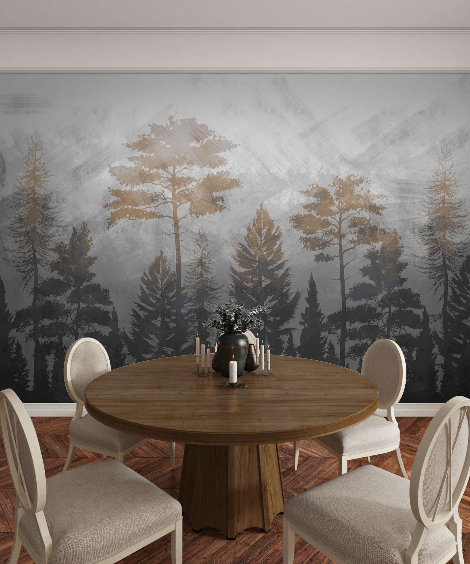 Fototapeta przez leśną zasłonę mgły przebijają się promienie słońca