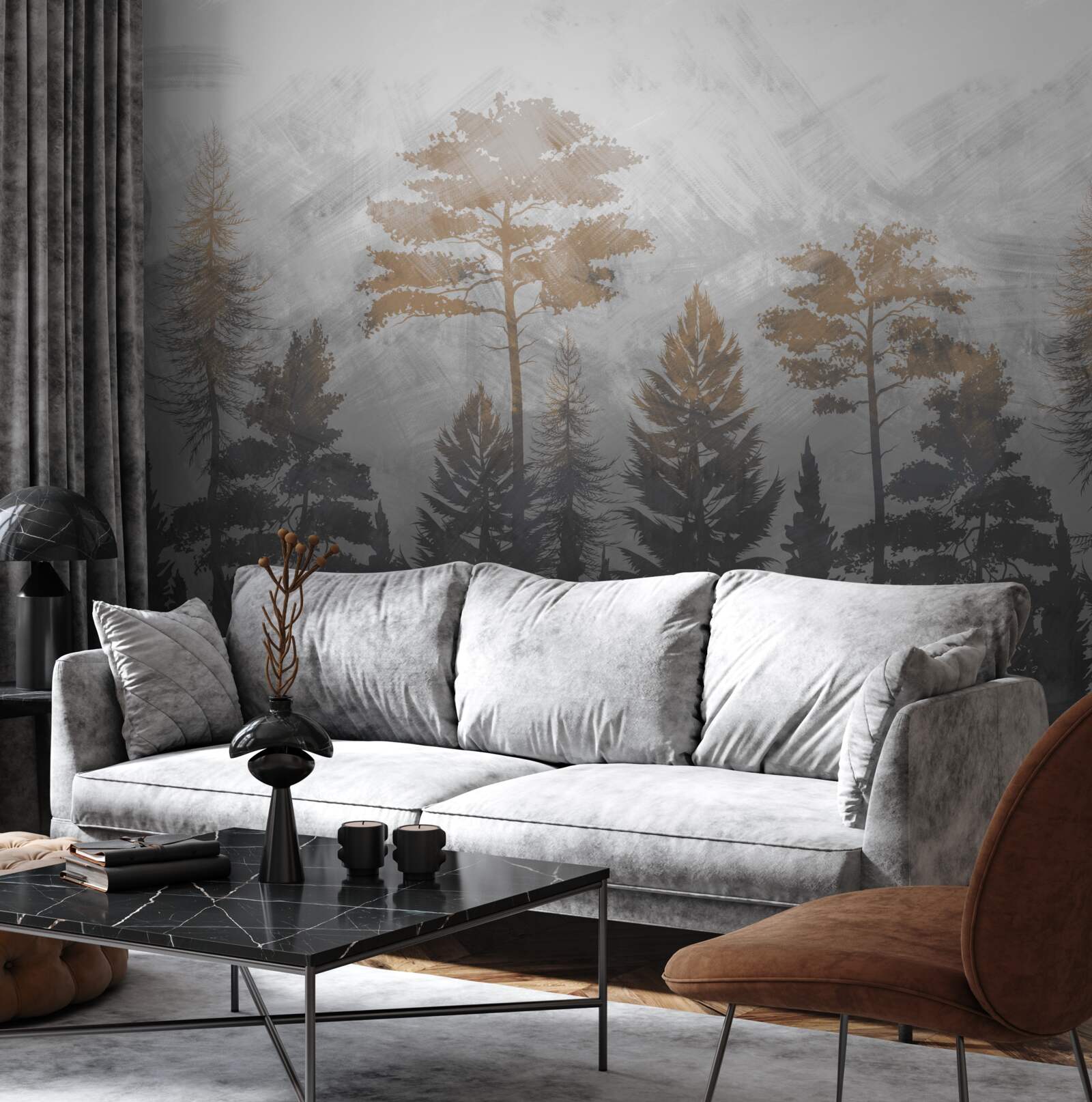 Fototapeta przez leśną zasłonę mgły przebijają się promienie słońca