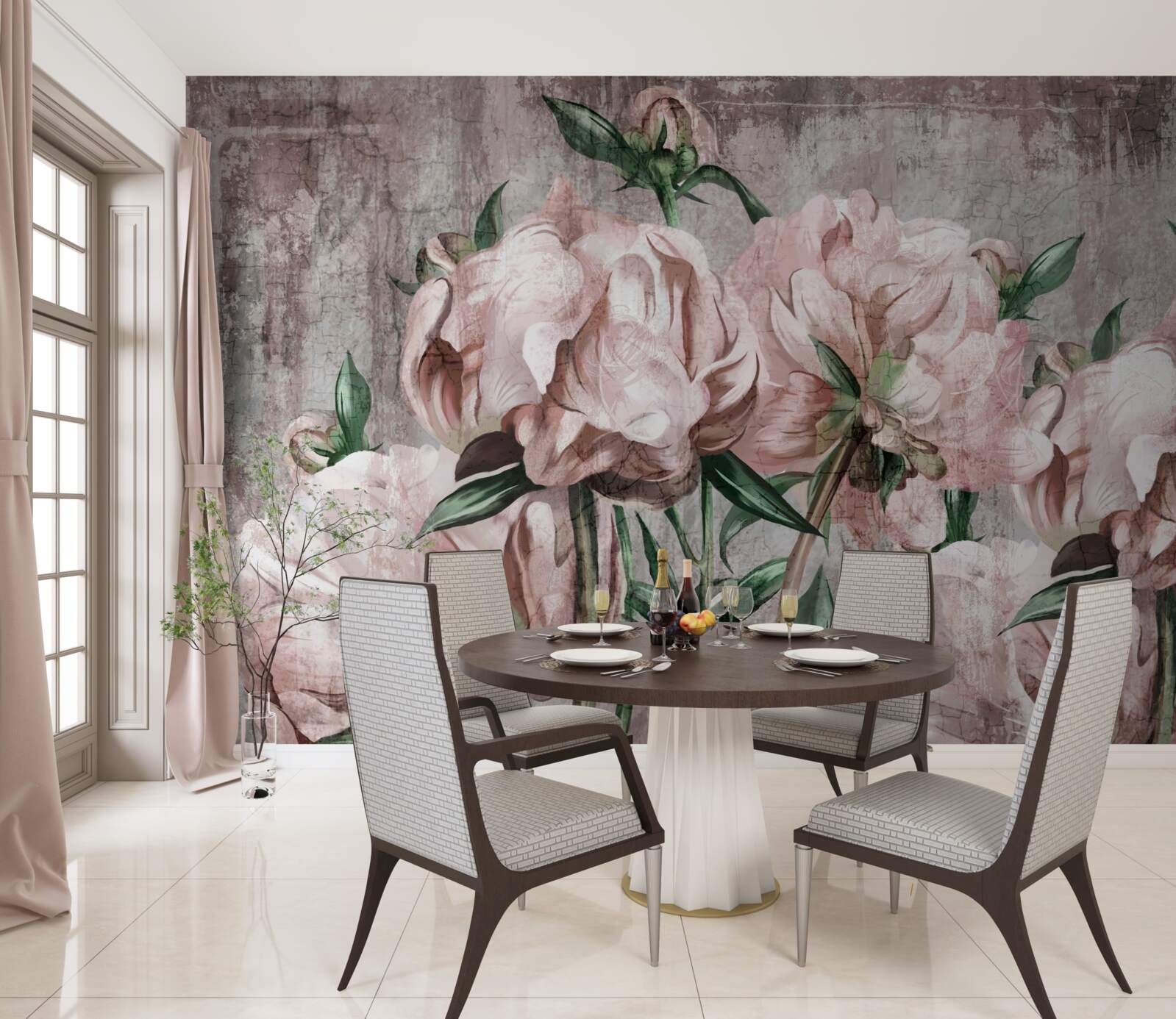 Fototapeta betonową ścianę zdobią pastelowe róże