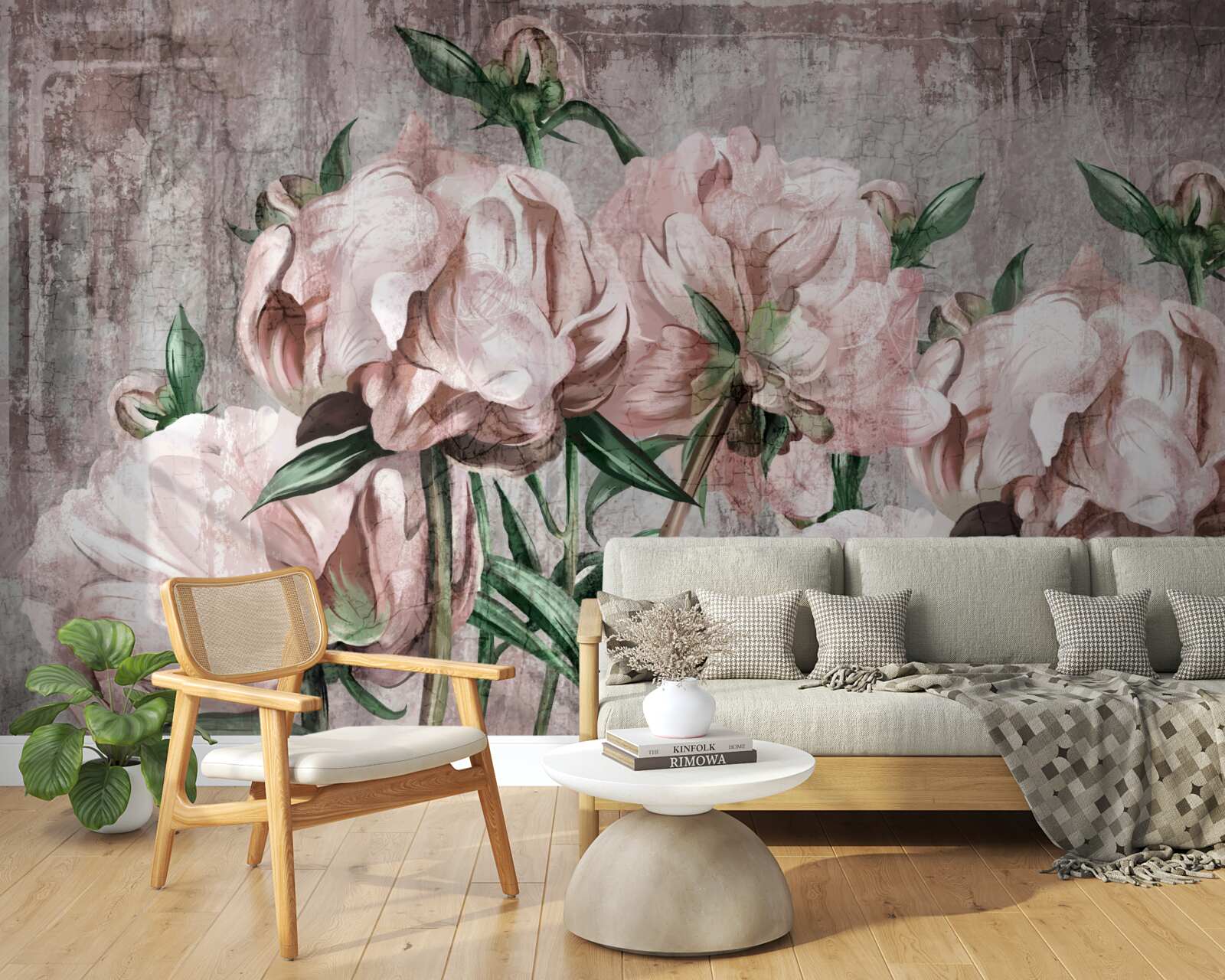 Fototapeta betonową ścianę zdobią pastelowe róże