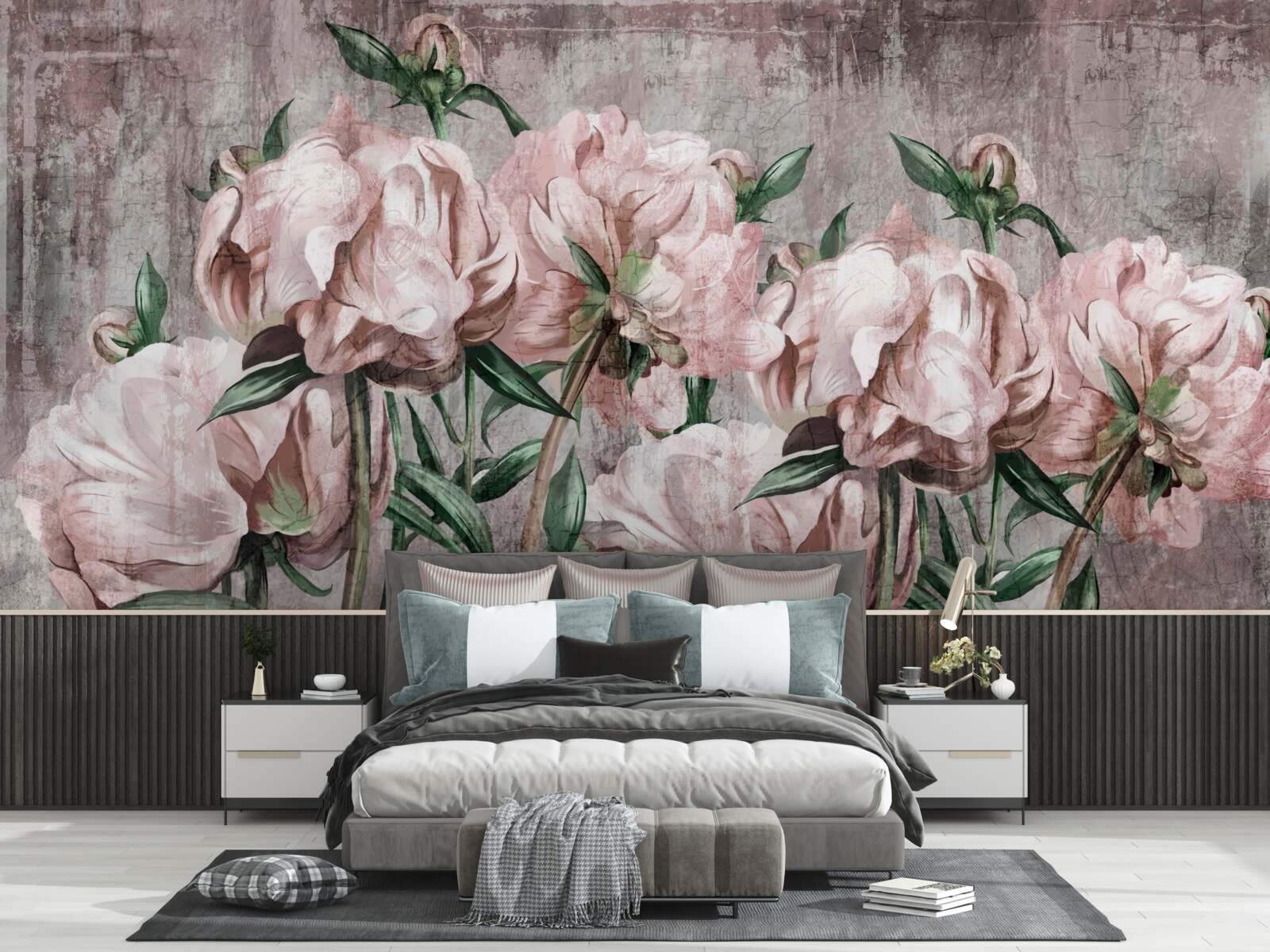 Fototapeta betonową ścianę zdobią pastelowe róże