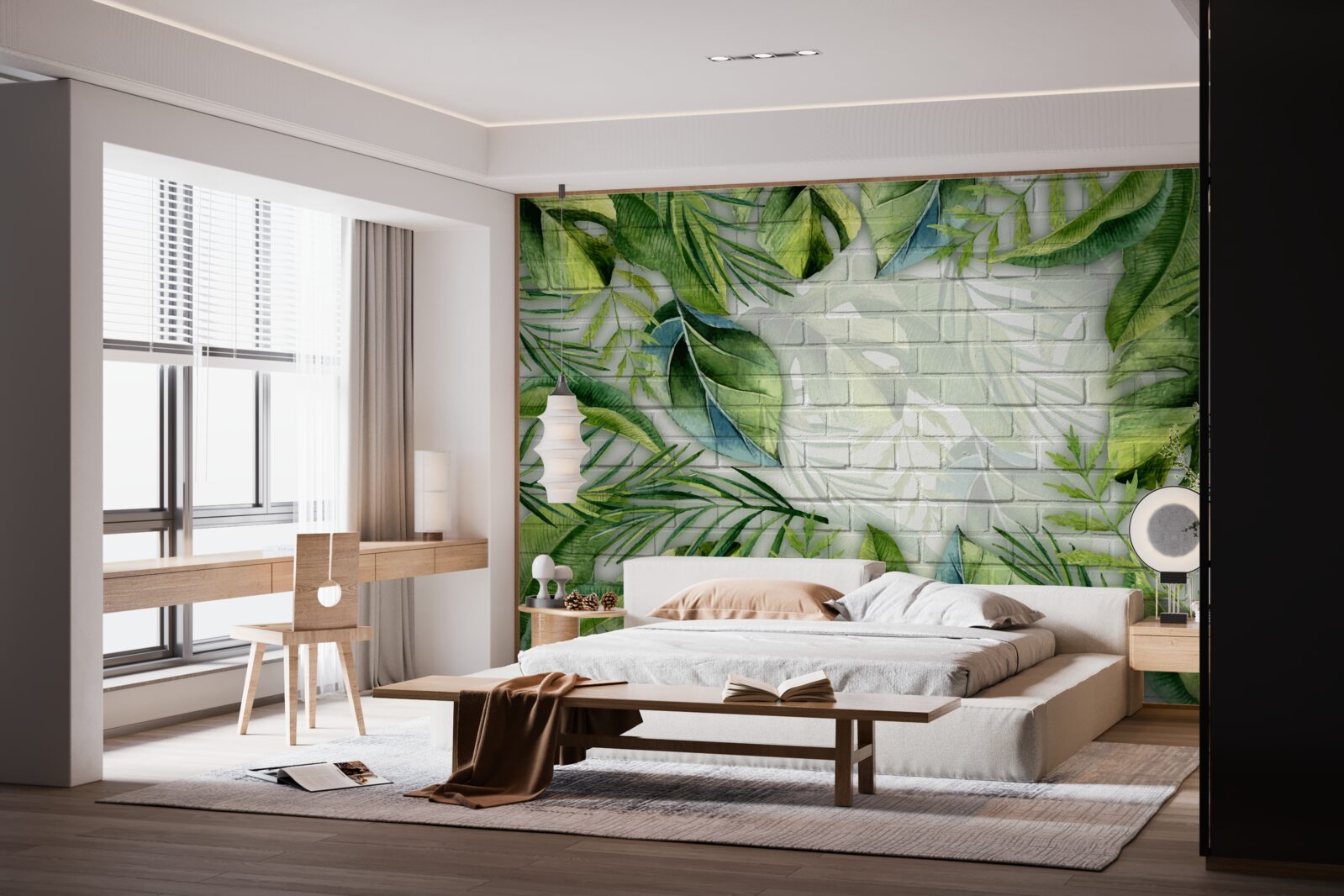 Fototapeta tropikalna zieleń na ścianie z cegły