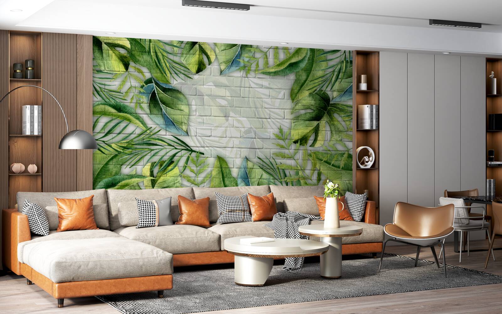 Fototapeta tropikalna zieleń na ścianie z cegły