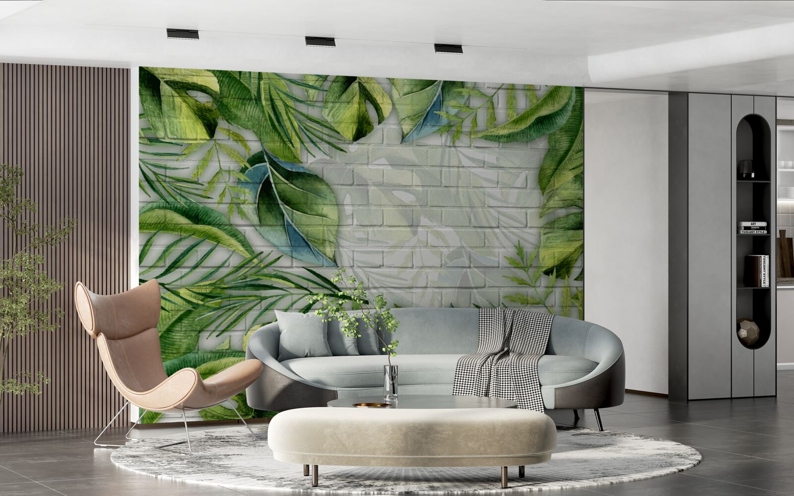 Fototapeta tropikalna zieleń na ścianie z cegły