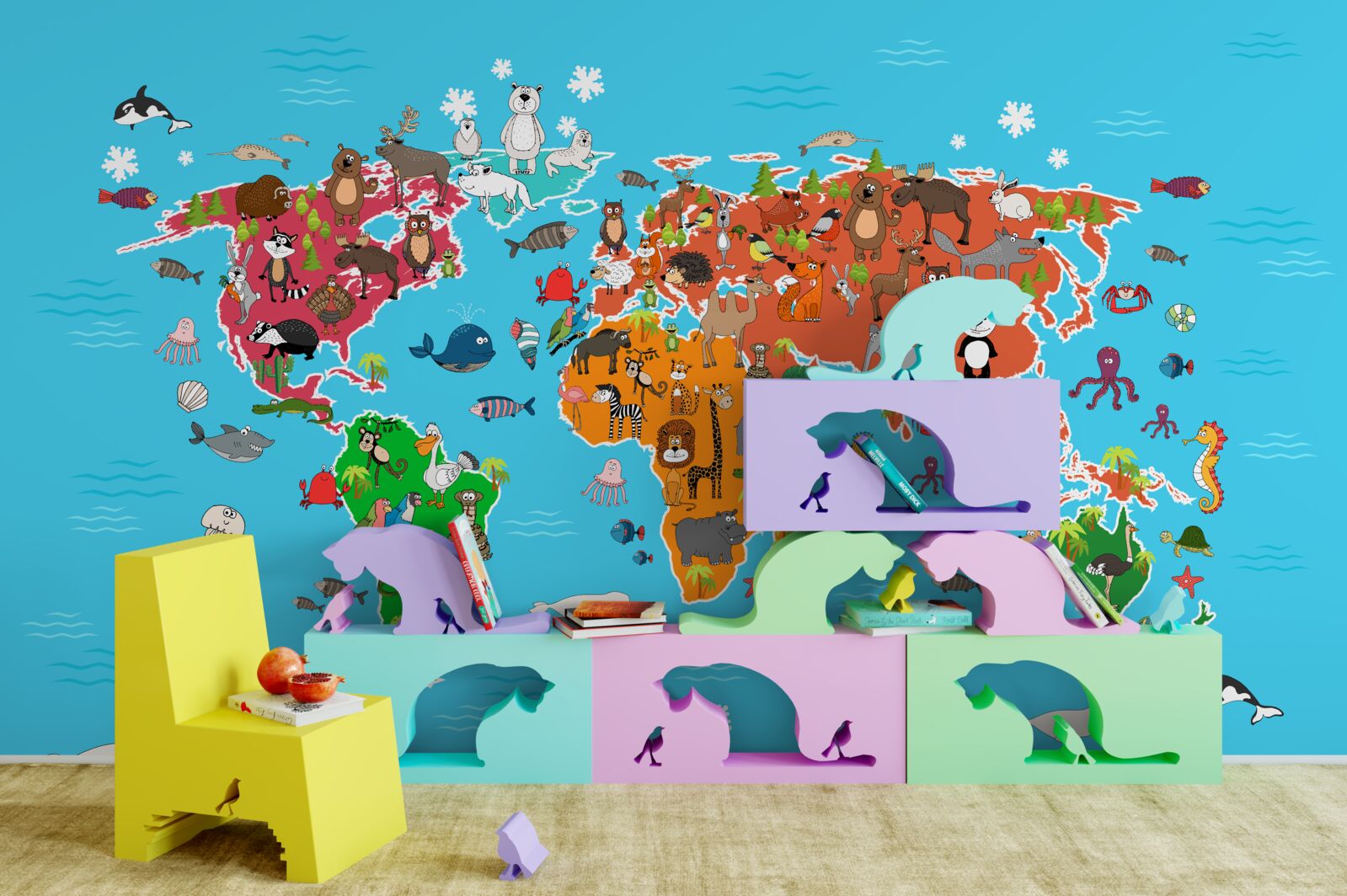 Fototapeta duża różnorodność zwierząt na mapie świata z żywymi szczegółami