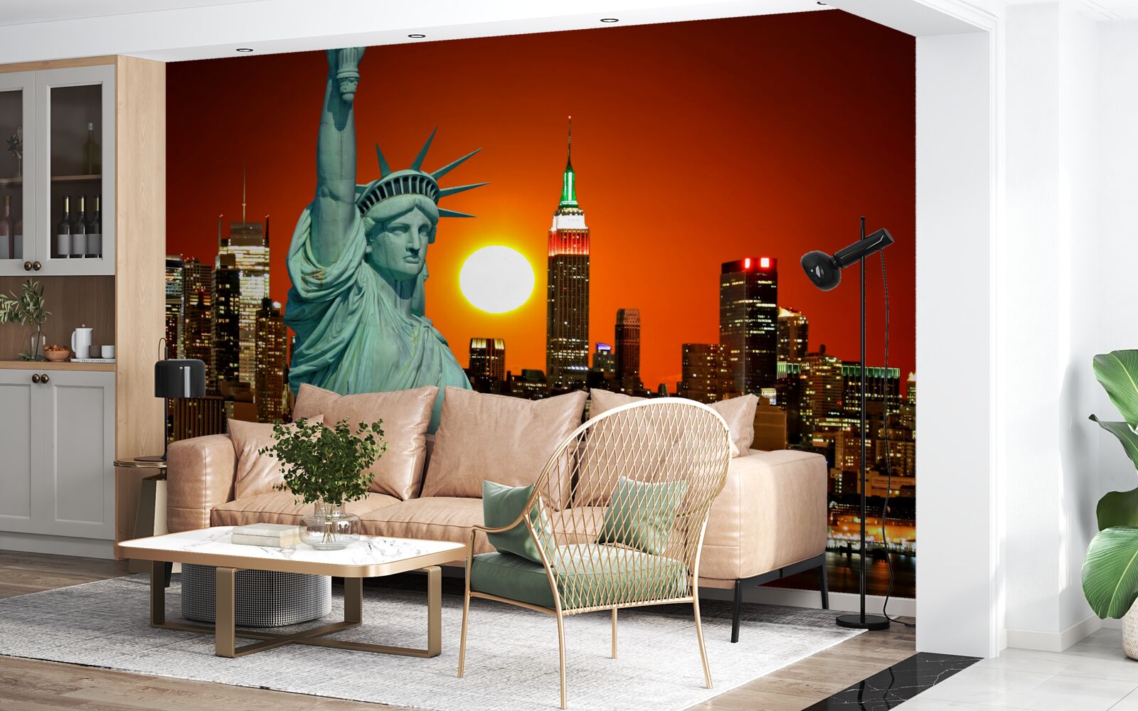 Fototapeta zachód słońca oświetla statuę wolności