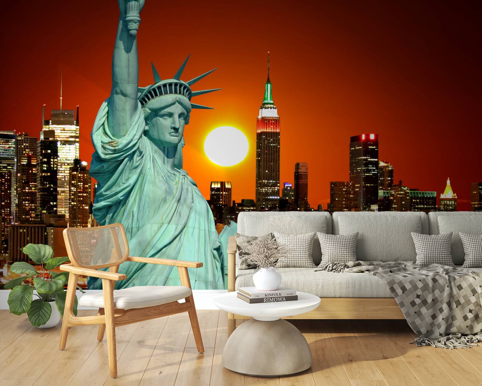 Fototapeta zachód słońca oświetla statuę wolności