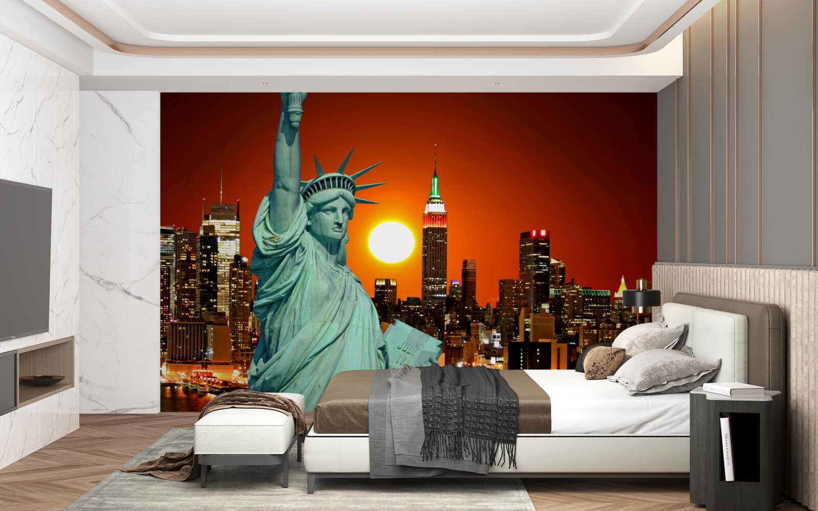 Fototapeta zachód słońca oświetla statuę wolności