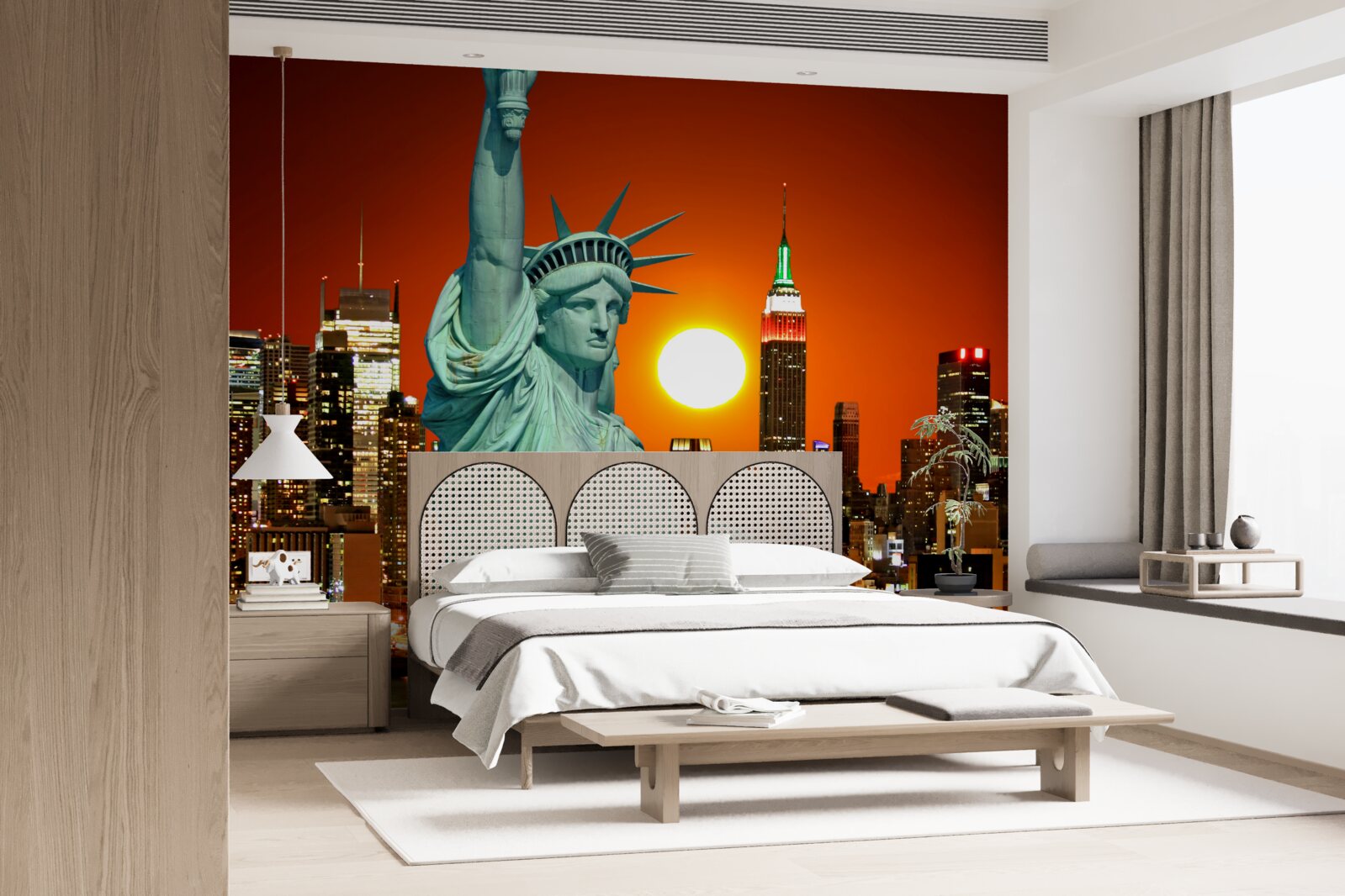 Fototapeta zachód słońca oświetla statuę wolności