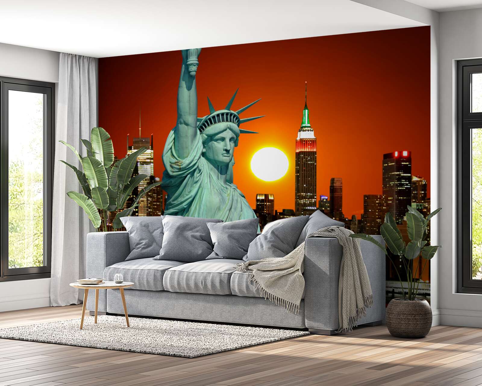 Fototapeta zachód słońca oświetla statuę wolności