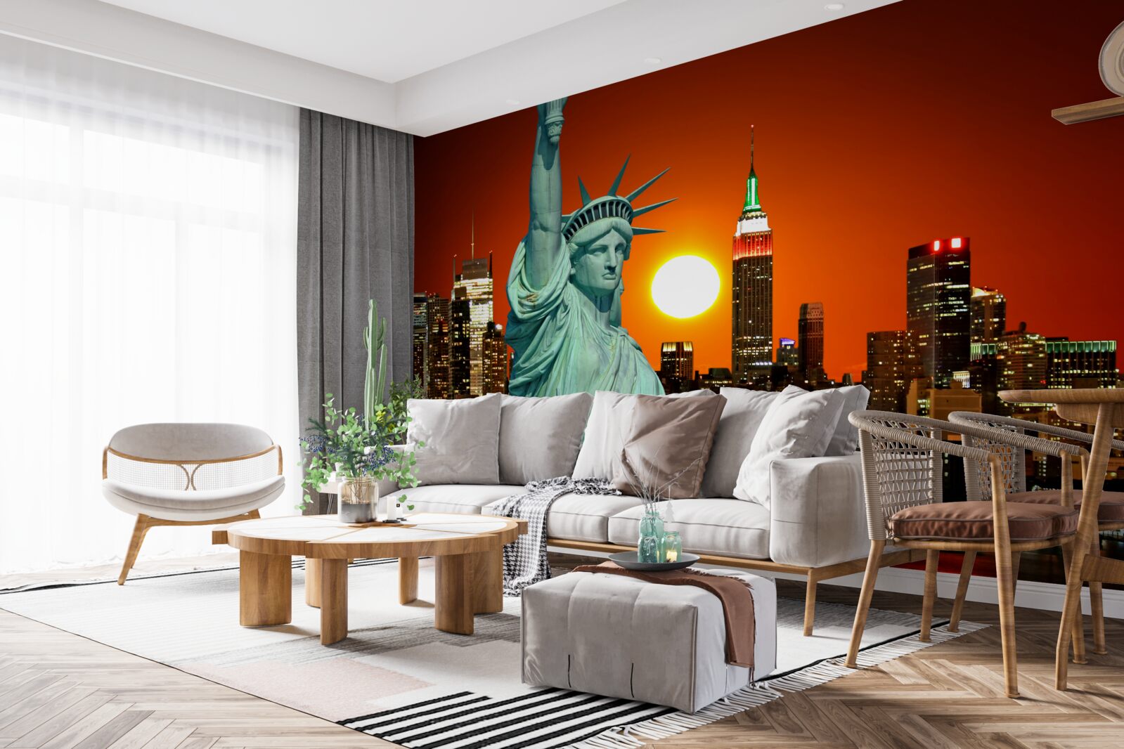 Fototapeta zachód słońca oświetla statuę wolności