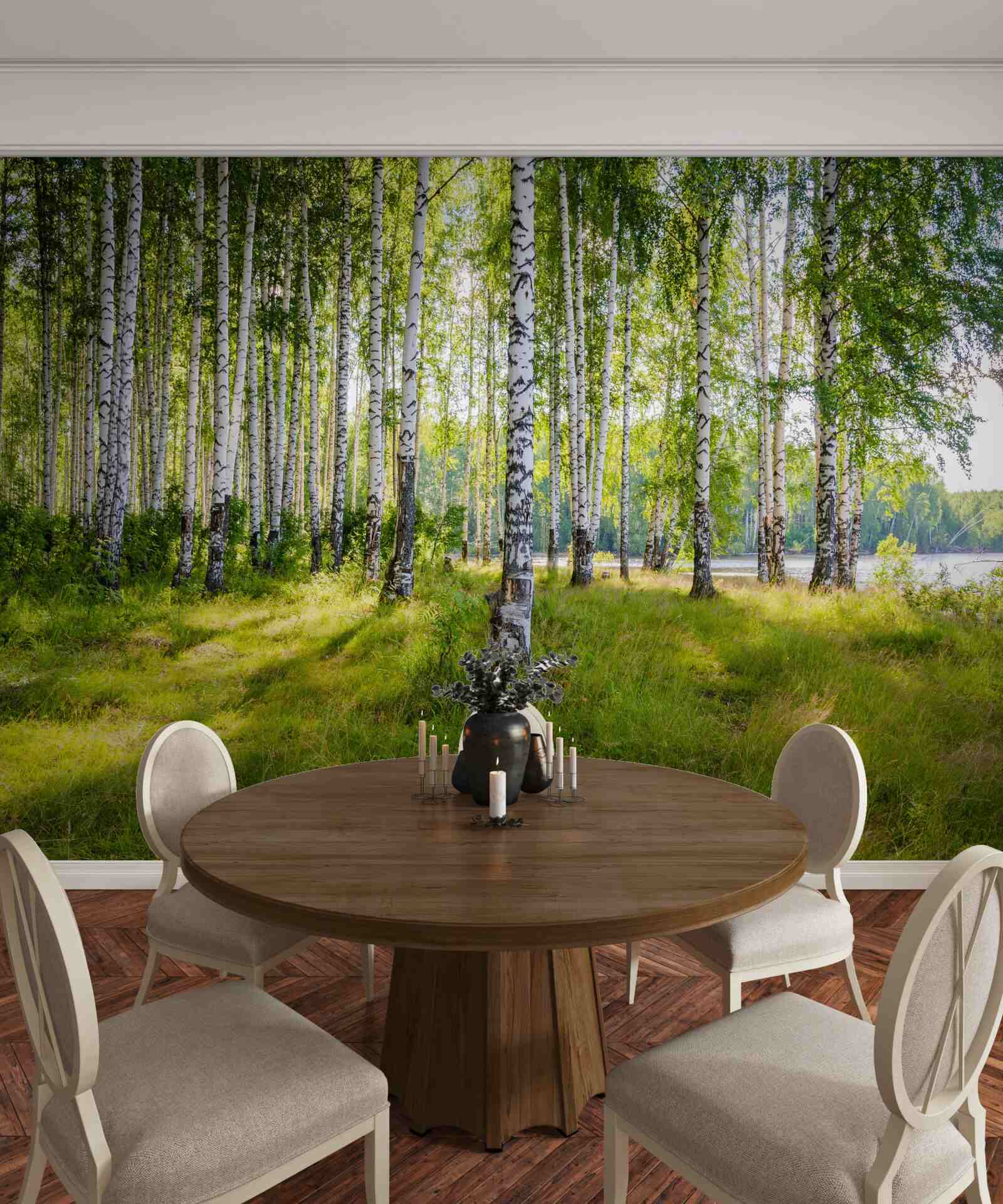 Fototapeta Świt w zielonym zaroślu brzozowym