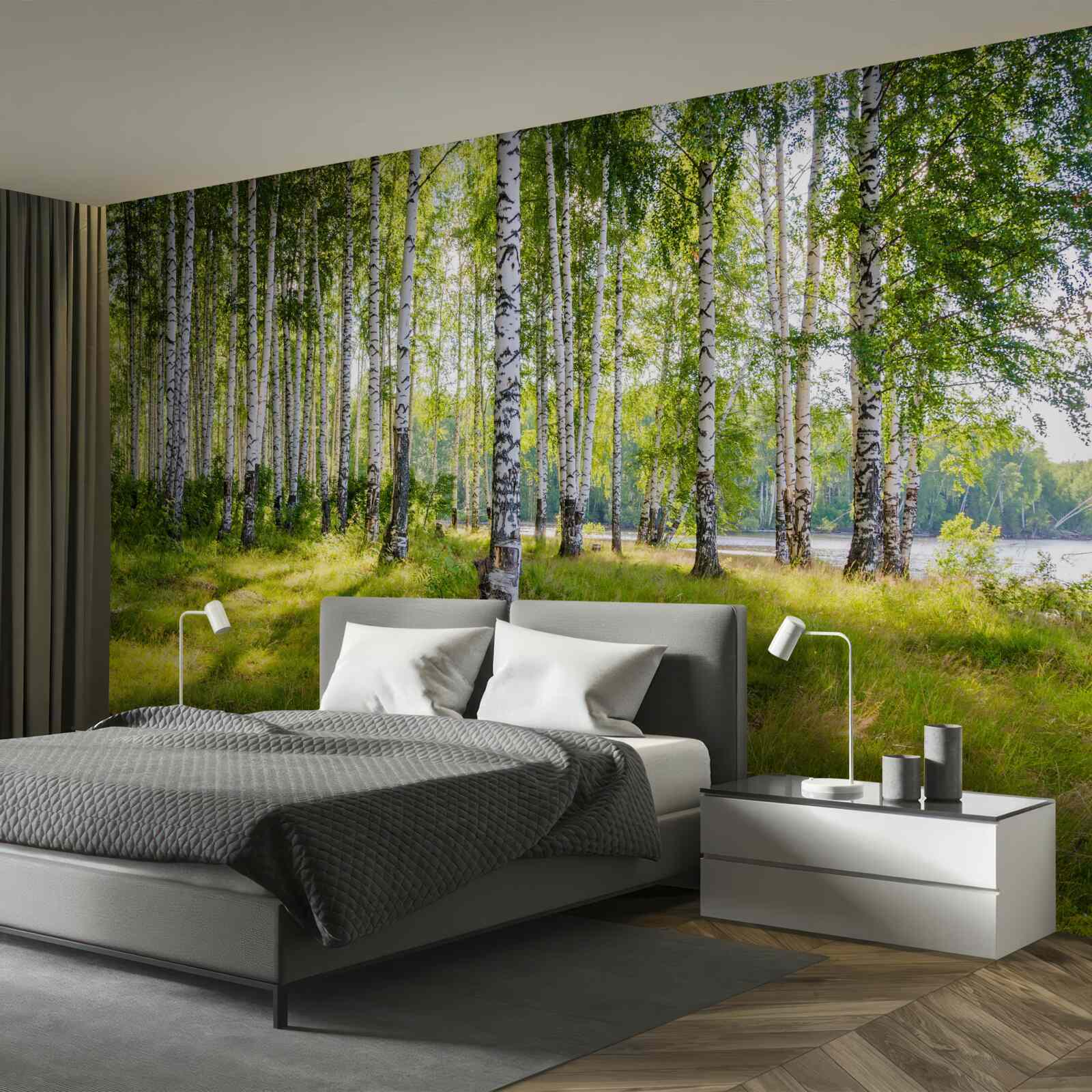 Fototapeta Świt w zielonym zaroślu brzozowym