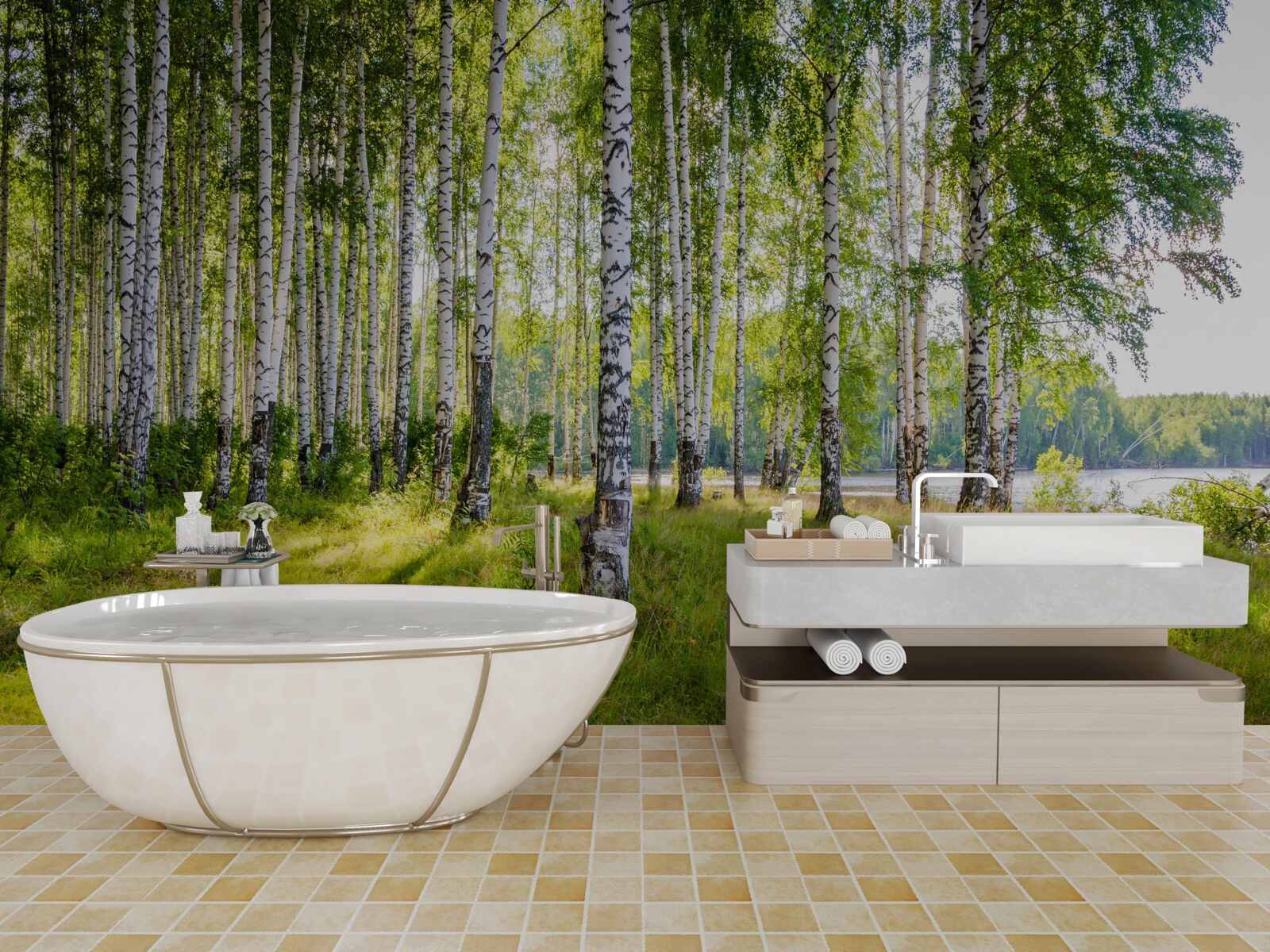 Fototapeta Świt w zielonym zaroślu brzozowym