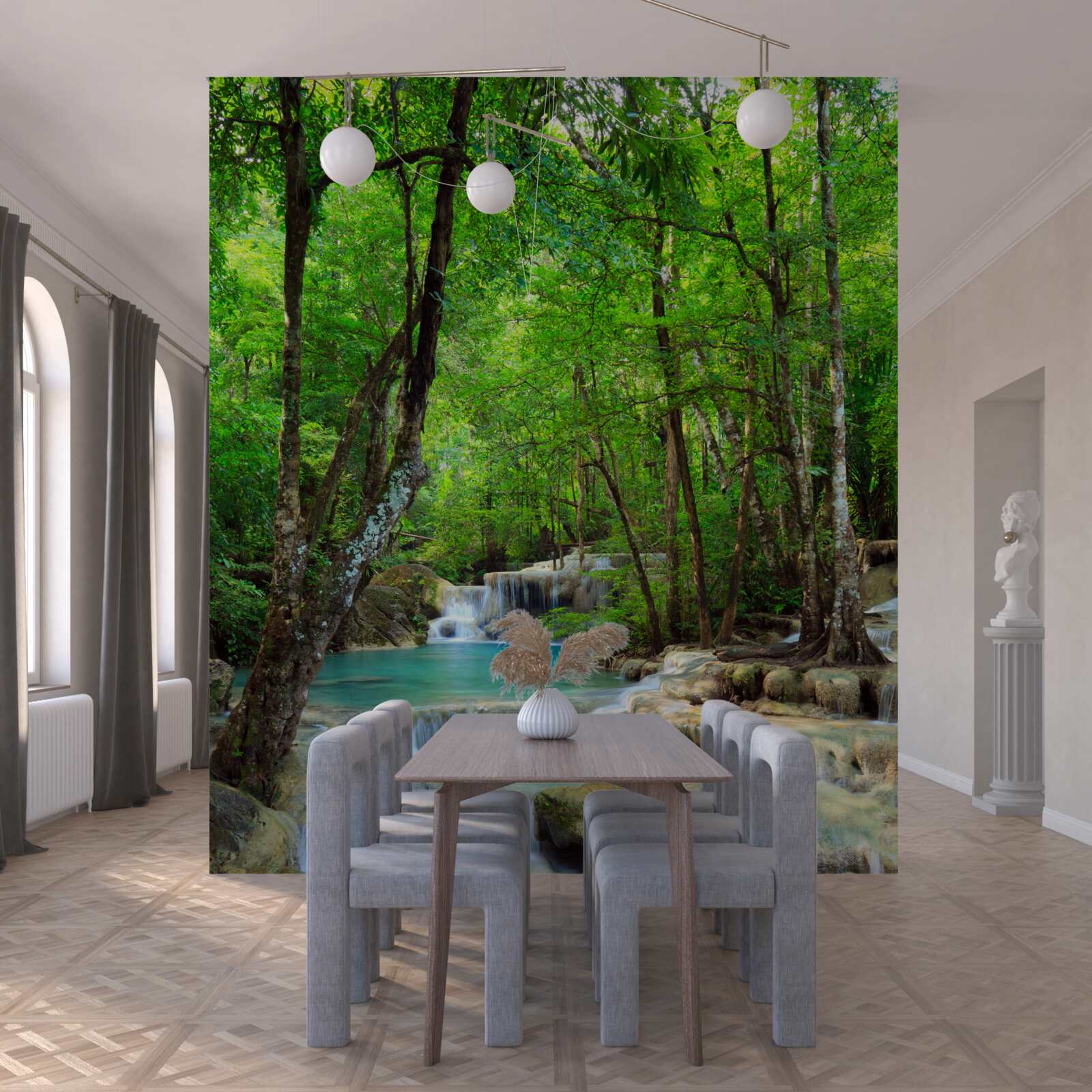 Fototapeta wodospad ze strumieniami krystalicznie czystej wody spadającymi kaskadami