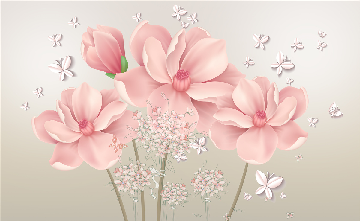 Fototapeta białe motyle i różowe kwiaty