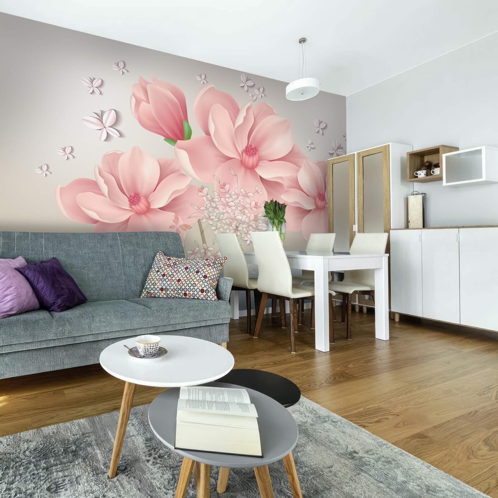 Fototapeta białe motyle i różowe kwiaty