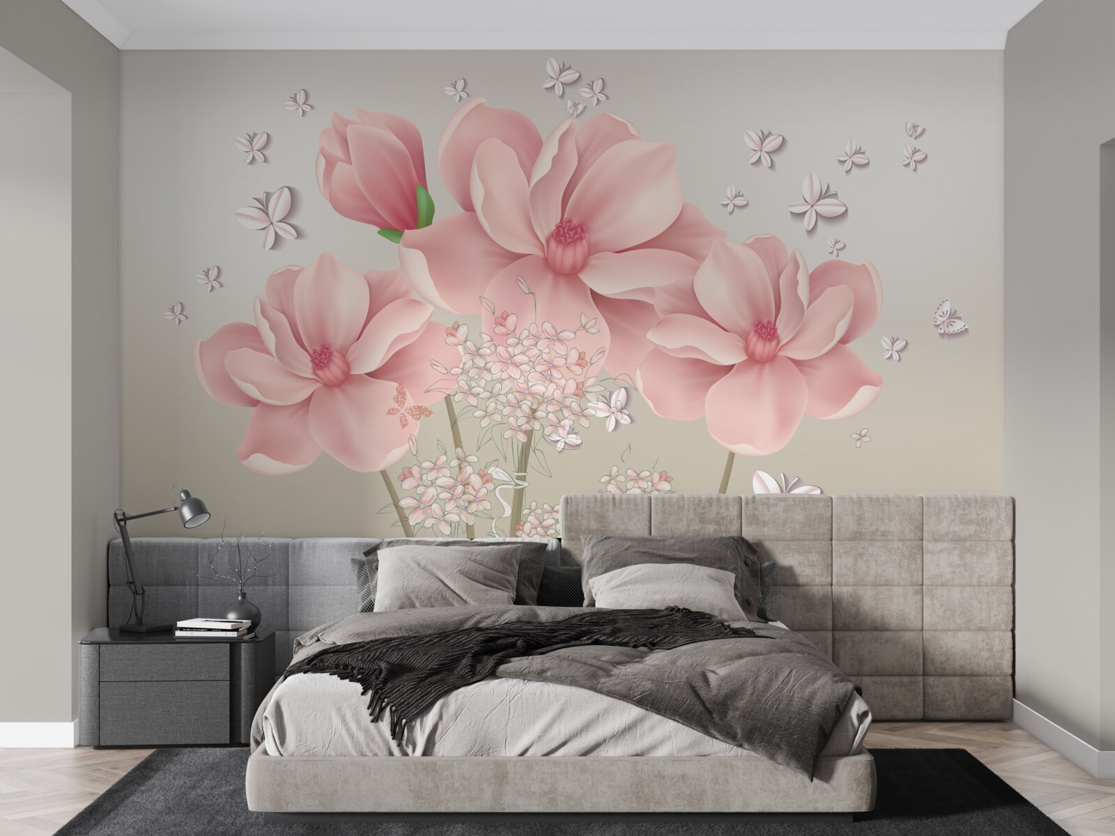 Fototapeta białe motyle i różowe kwiaty